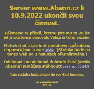 Screenshot Abarinu informujici o ukonceni provozu serveru.